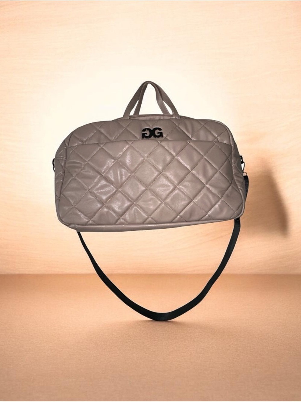 Gilda Paris Quilted Vegan Leather Tote Bag in taupe.